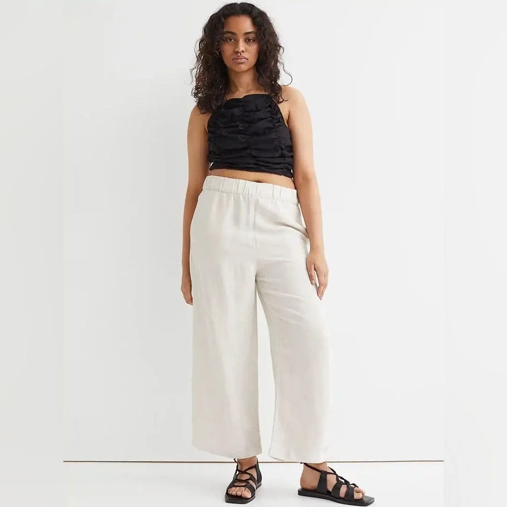 H&M Linen Blend Pants Women Large Beige Excellent Wide Leg Cropped Elastic Waist